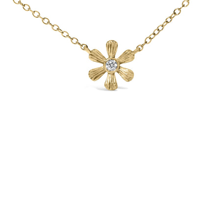 Front view of a yellow necklace with a flower-shaped pendant featuring a white round gemstone in the center.