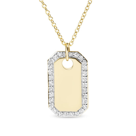 Front-facing close-up of a yellow metal rectangular dog tag necklace pendant framed with round white gemstones in prong setting.