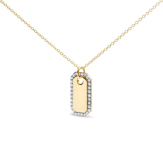 Yellow metal necklace with a rectangular pendant outlined with white gemstones, shown from a front angle on a white background.
