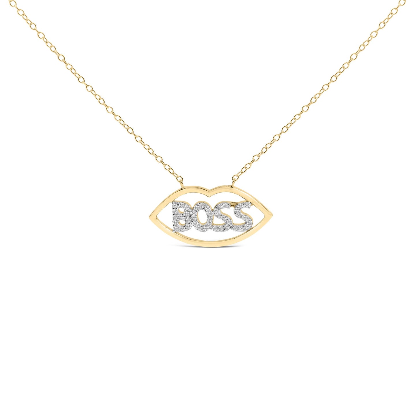 Front angle of a necklace with a yellow and white metal pendant in an eye shape enclosing the word 'BOSS' set with round white gemstones.