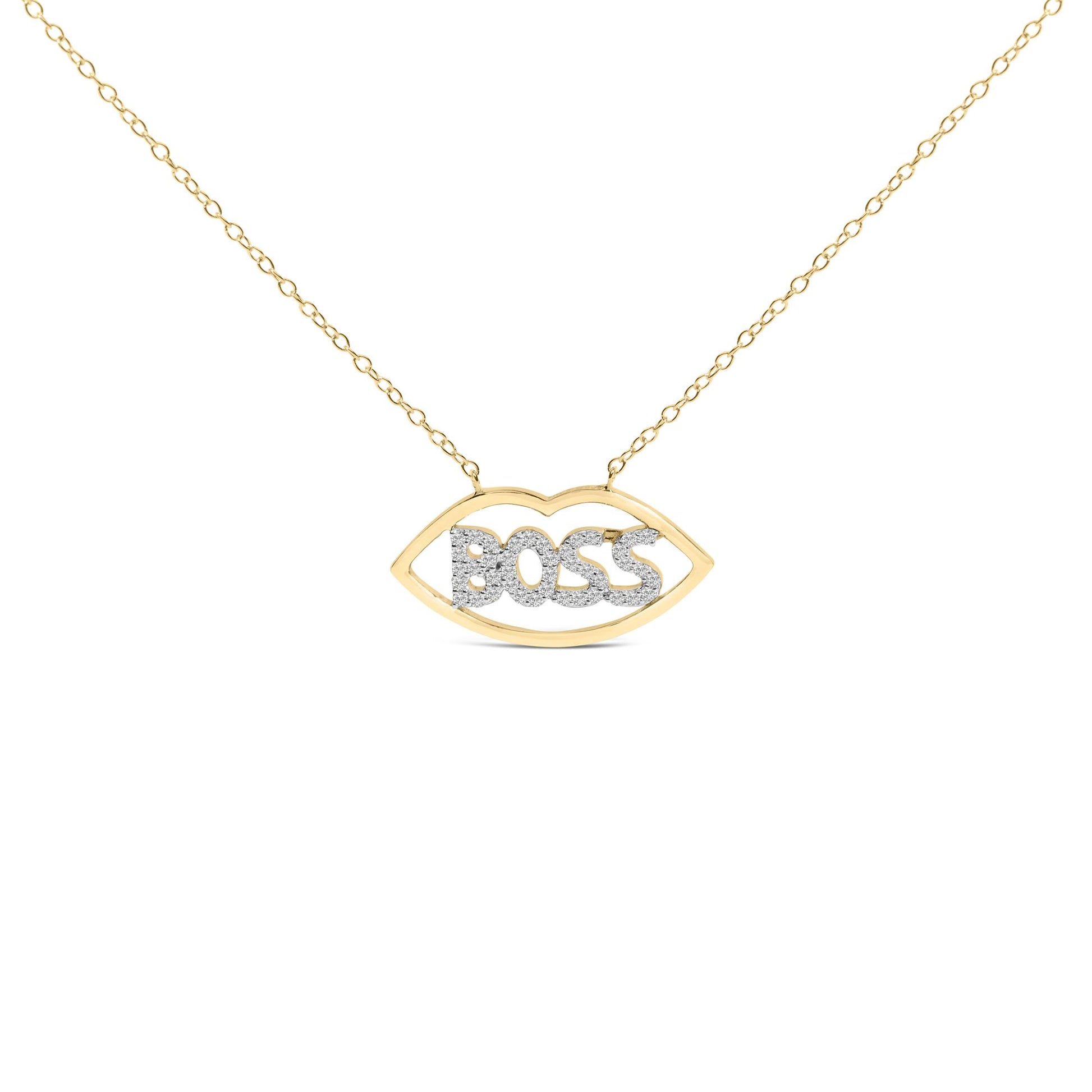 Front angle of a necklace with a yellow and white metal pendant in an eye shape enclosing the word 'BOSS' set with round white gemstones.