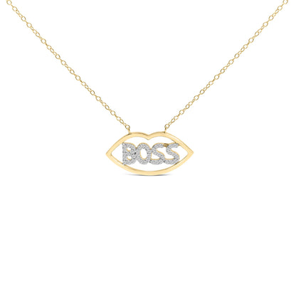 Front angle of a necklace with a yellow and white metal pendant in an eye shape enclosing the word 'BOSS' set with round white gemstones.