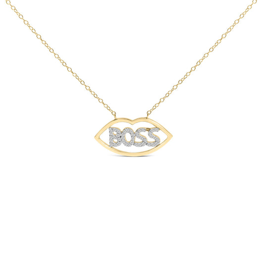 Front angle of a necklace with a yellow and white metal pendant in an eye shape enclosing the word 'BOSS' set with round white gemstones.
