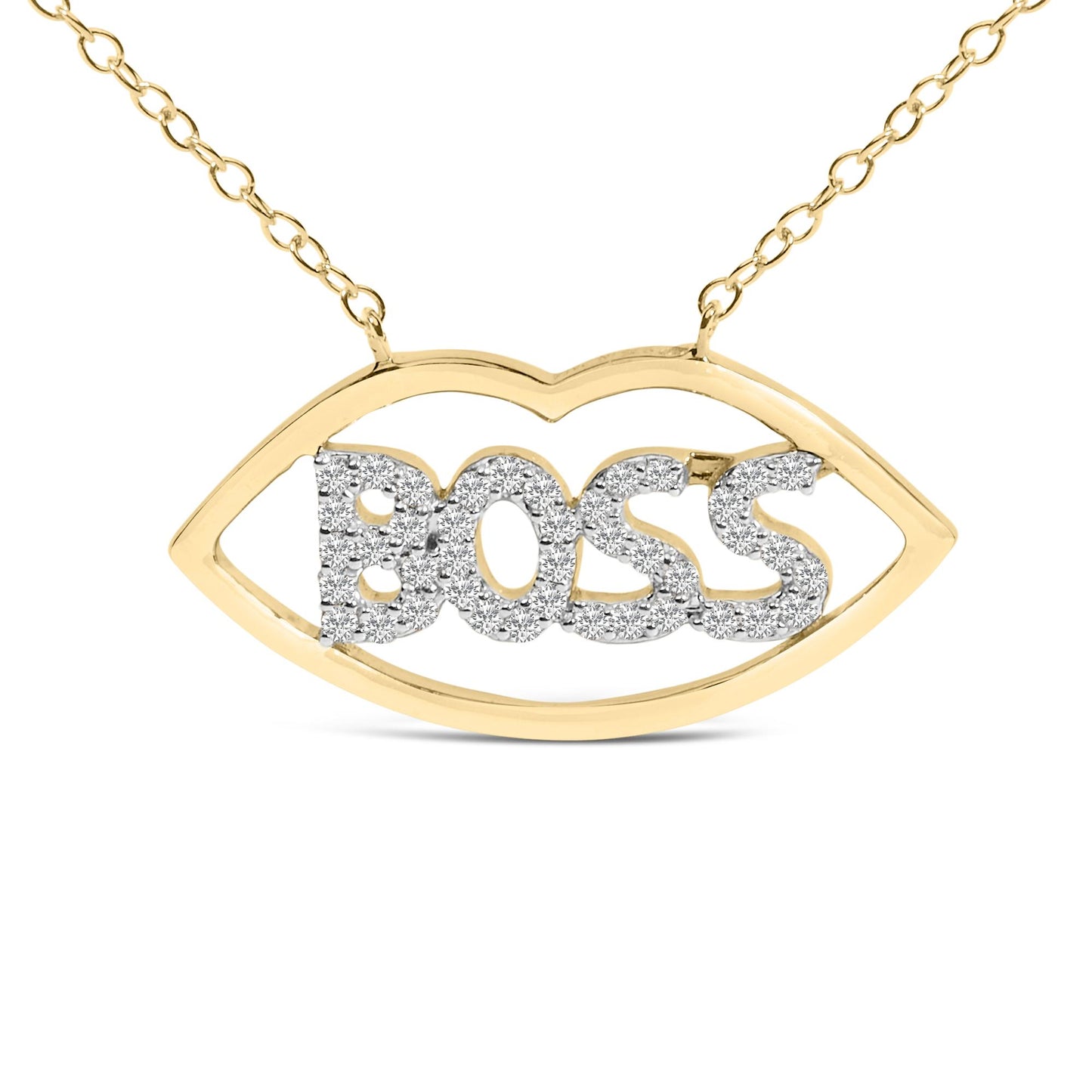 Close-up front view of a necklace pendant shaped like an eye outline in yellow metal with the word 'BOSS' in white metal covered in round white gemstones in prong settings, shown on a white background.