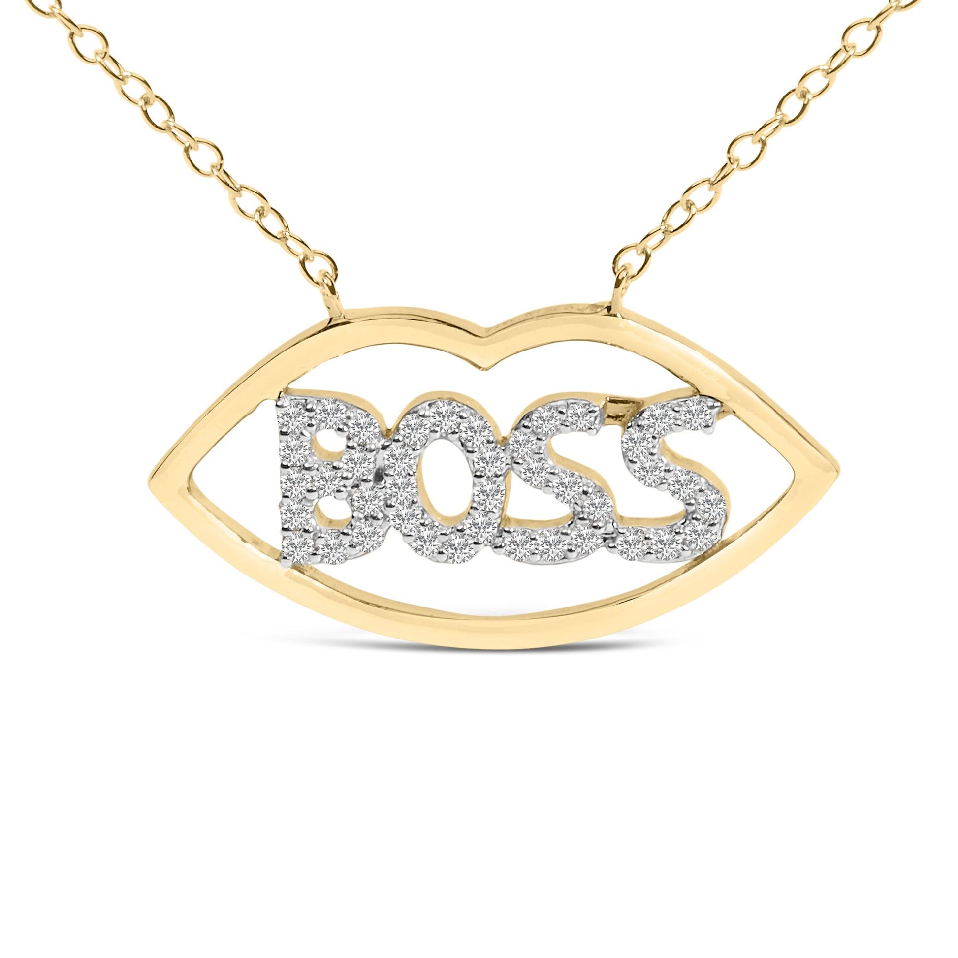 Close-up front view of a necklace pendant shaped like an eye outline in yellow metal with the word 'BOSS' in white metal covered in round white gemstones in prong settings, shown on a white background.