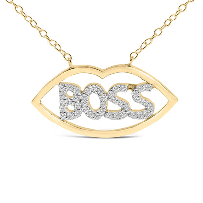 Close-up front view of a necklace pendant shaped like an eye outline in yellow metal with the word 'BOSS' in white metal covered in round white gemstones in prong settings, shown on a white background.