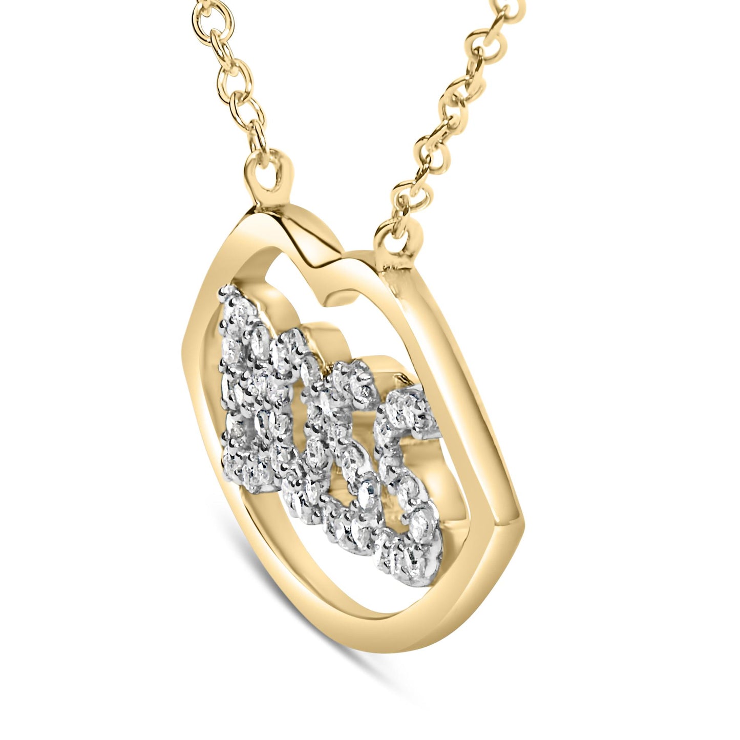 Close-up angled view of a yellow and white metal necklace pendant featuring a geometric open frame with a center design decorated with round white gemstones in prong settings.