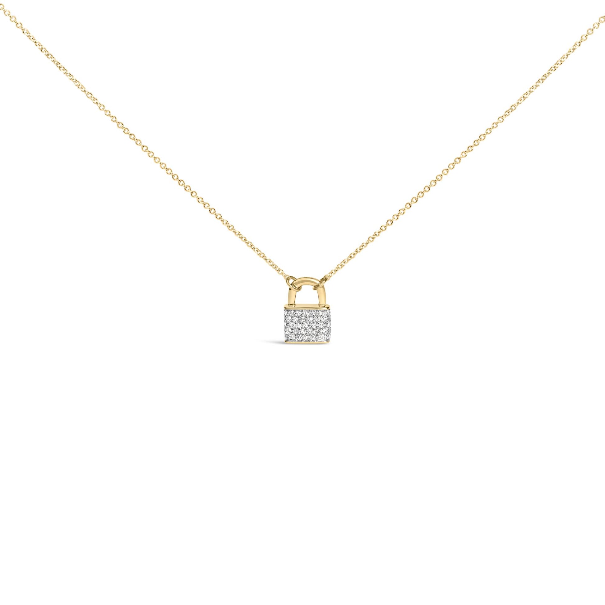 Front view of a yellow metal necklace featuring a padlock-shaped pendant adorned with round white gemstones in prong settings.