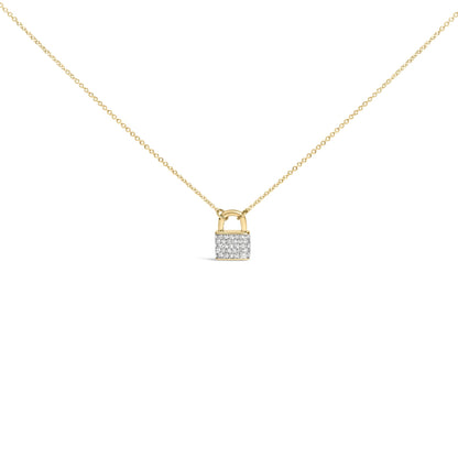 Front view of a yellow metal necklace featuring a padlock-shaped pendant adorned with round white gemstones in prong settings.