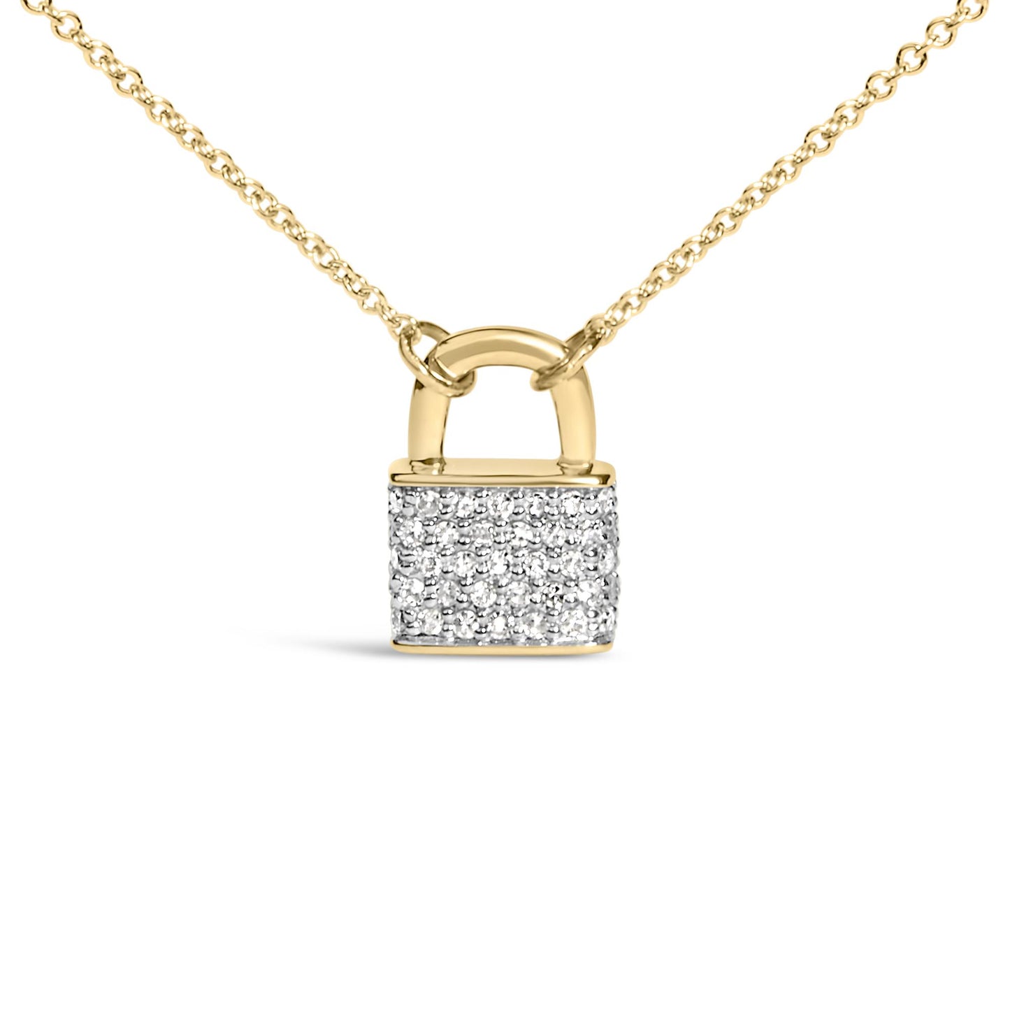 Front-facing close-up of a yellow metal padlock-shaped necklace pendant adorned with multiple round white gemstones in prong settings, hanging from a matching chain.