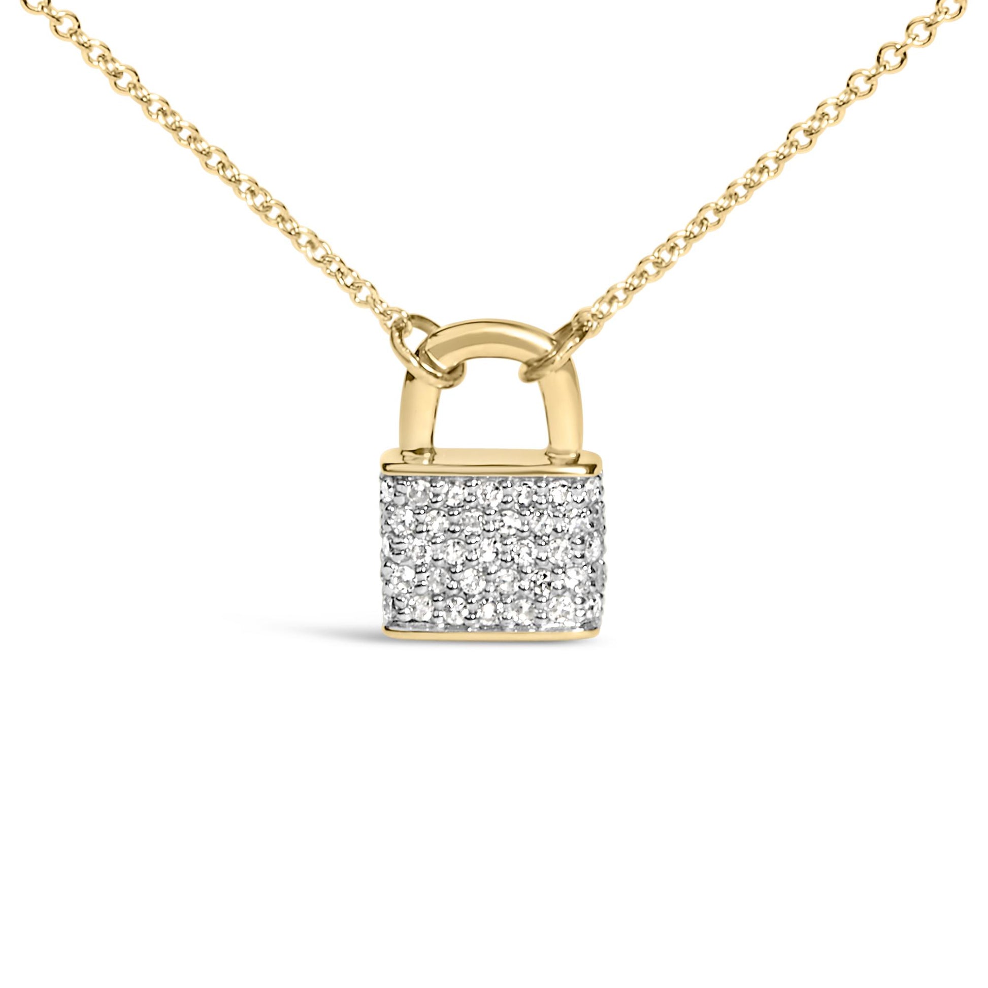 Front-facing close-up of a yellow metal padlock-shaped necklace pendant adorned with multiple round white gemstones in prong settings, hanging from a matching chain.
