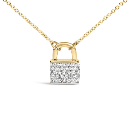 Front-facing close-up of a yellow metal padlock-shaped necklace pendant adorned with multiple round white gemstones in prong settings, hanging from a matching chain.