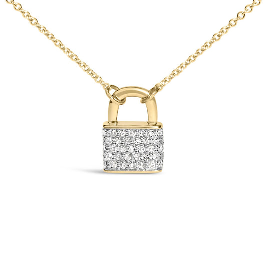 Front-facing close-up of a yellow metal padlock-shaped necklace pendant adorned with multiple round white gemstones in prong settings, hanging from a matching chain.