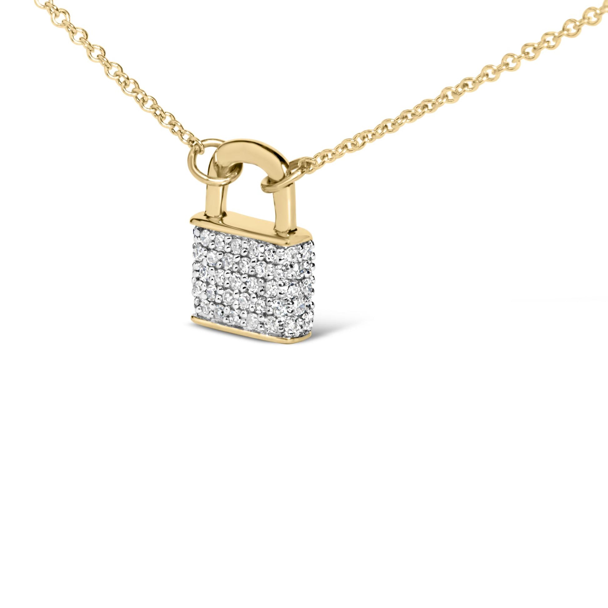 Close-up front angled view of a yellow necklace pendant shaped like a padlock, adorned with multiple round white gemstones in prong settings.