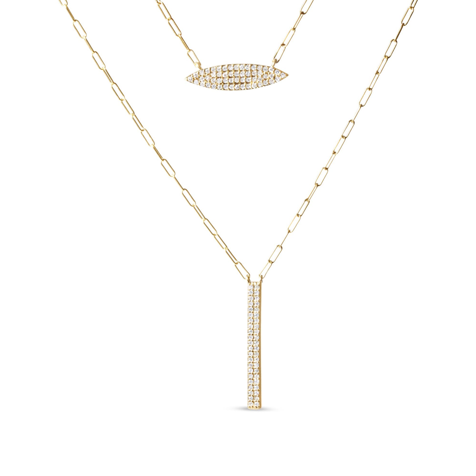 Front-facing image of two yellow metal necklaces with vertical and horizontal bar pendants, each pendant set with multiple white round gemstones in prong settings.