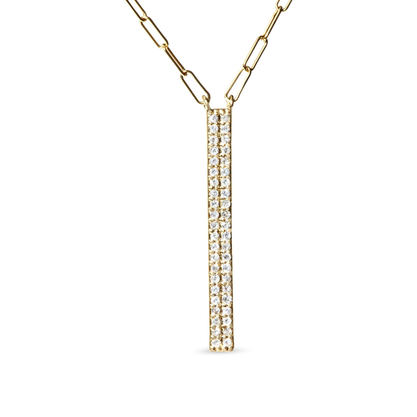 Front view of a yellow metal necklace with a vertical rectangular pendant adorned with two rows of prong-set round white gemstones.
