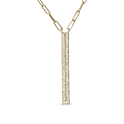 Front view of a yellow metal necklace with a vertical rectangular pendant adorned with two rows of prong-set round white gemstones.