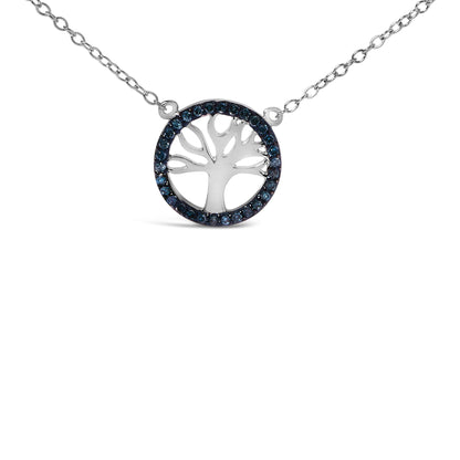 Front view of a white metal necklace featuring a circular pendant with a tree design, bordered by round blue gemstones in prong settings.