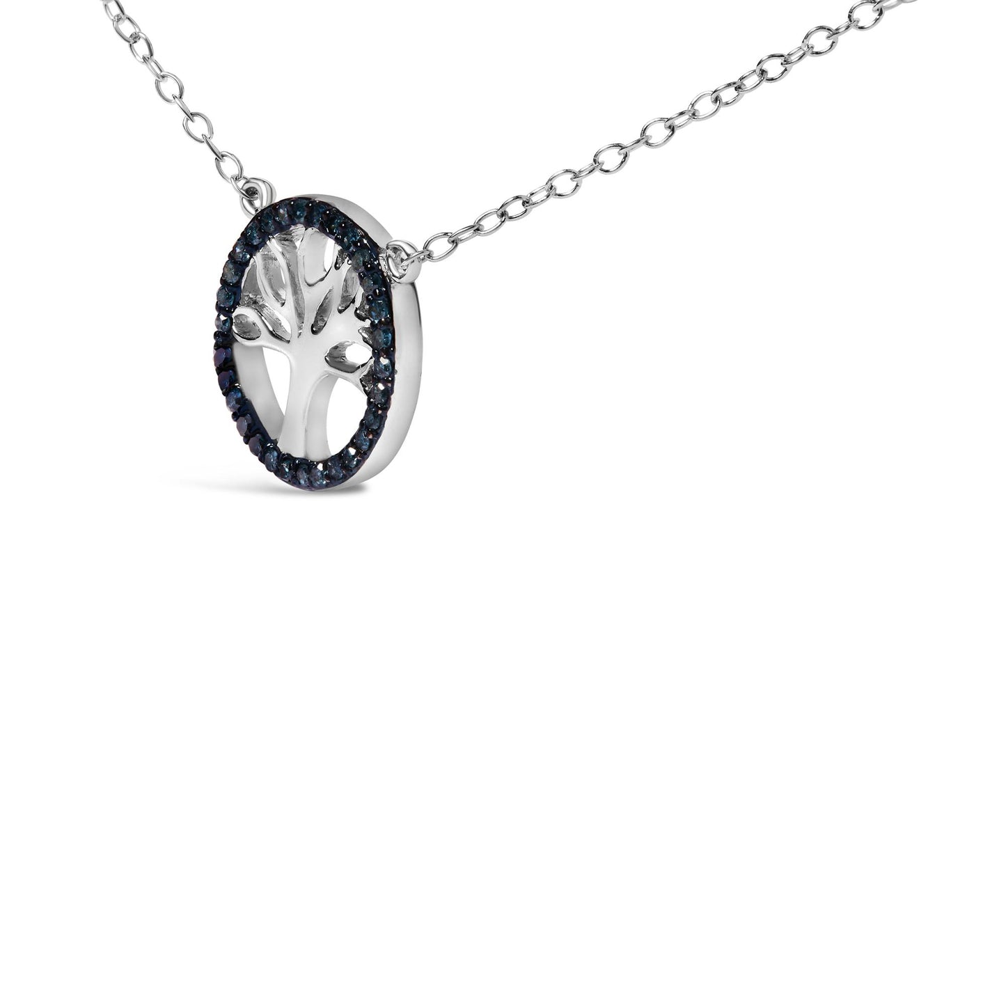 Close-up side angle of a white metal necklace featuring a circular pendant with a tree design, surrounded by round blue gemstones in a prong setting.