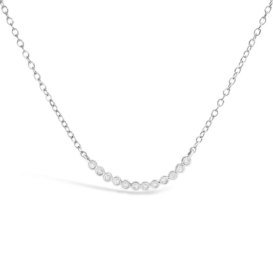 Close-up front view of a white metal necklace with a curved bar pendant set with round white gemstones in prong settings, shown on a white background.