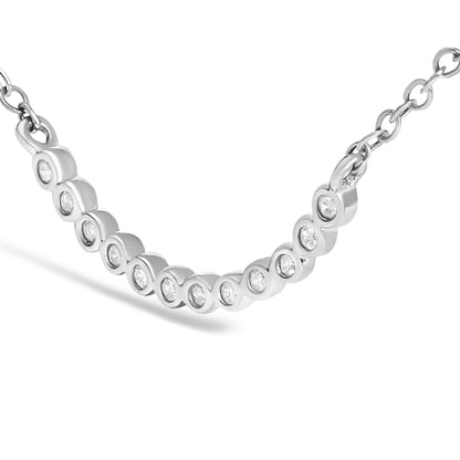 Close-up angled view of a white-colored necklace with a curved bar pendant featuring round white gemstones set in prongs, attached to a chain on both ends.