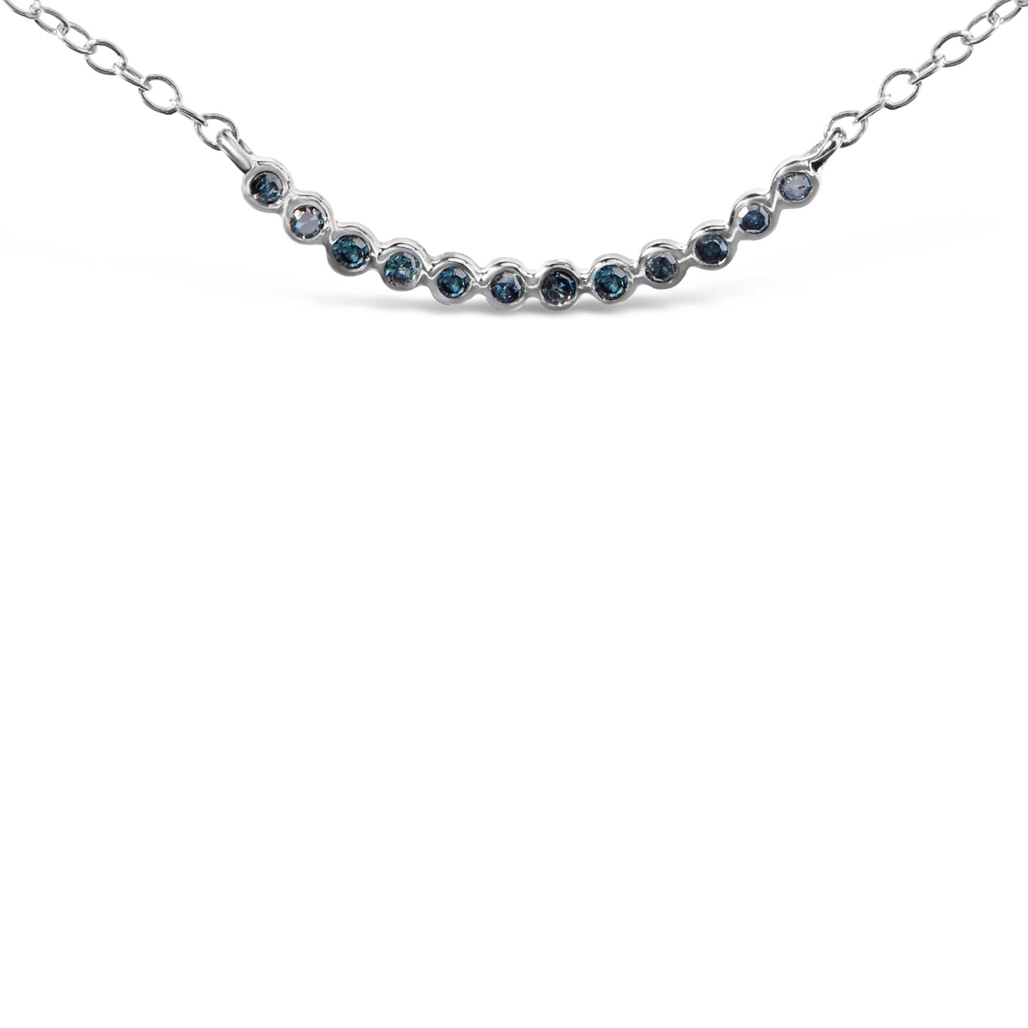 Close-up front view of a white metal necklace featuring a curved row of round blue gemstones set in prongs, shown on a white background.