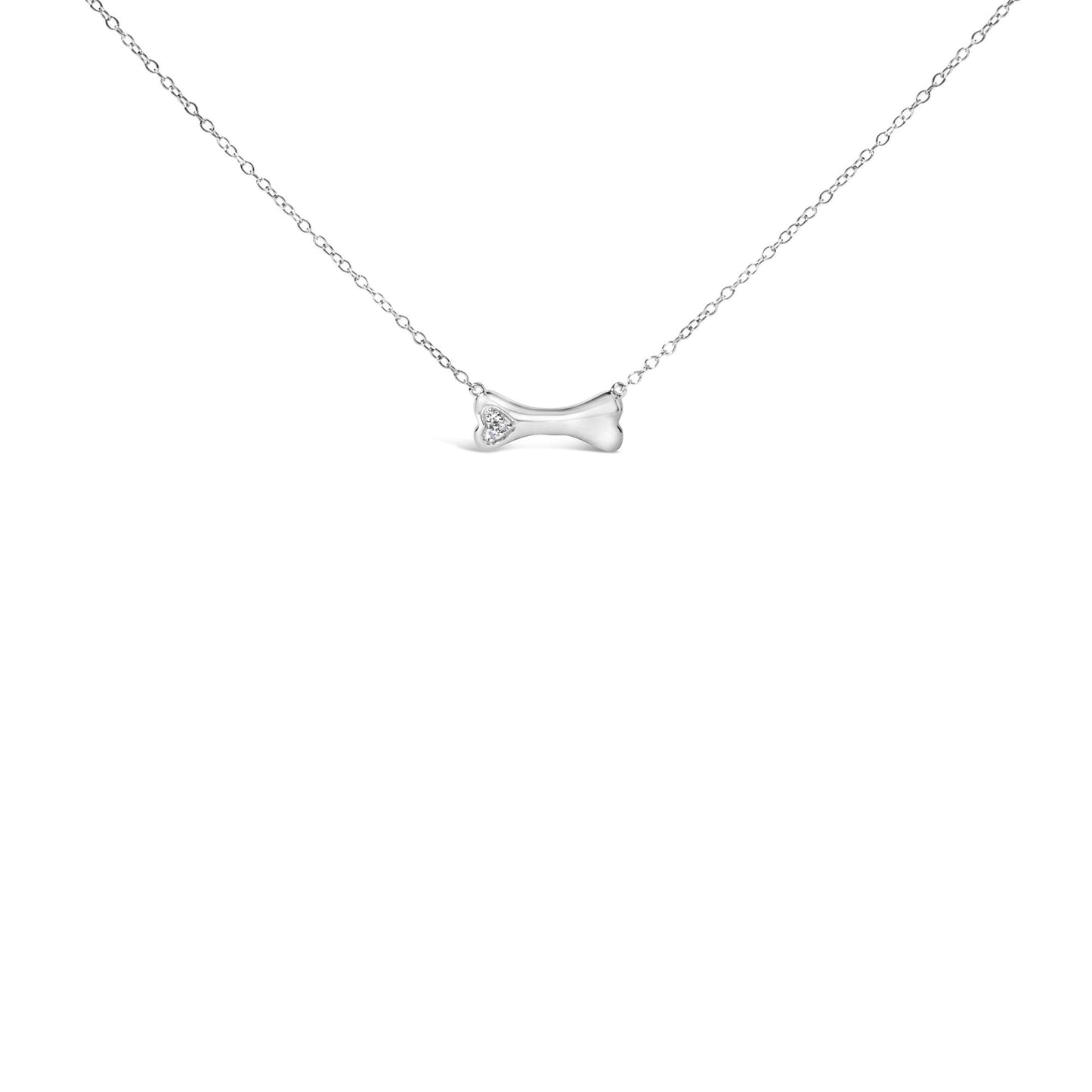 White metal necklace with a bone-shaped pendant featuring a small cluster of round white gemstones in prong settings, front view.