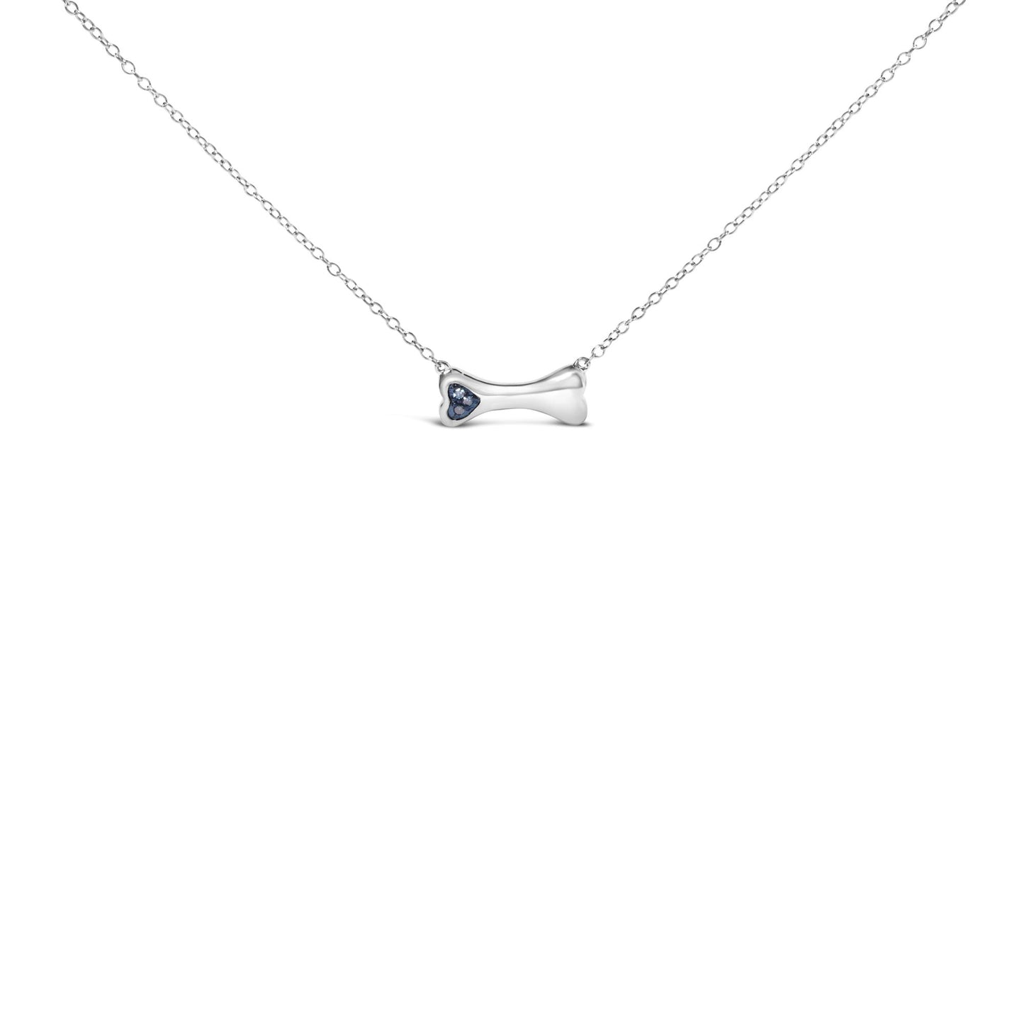 White metal necklace with horizontal bone-shaped pendant featuring three round blue gemstones in a prong setting, shown from the front angle.
