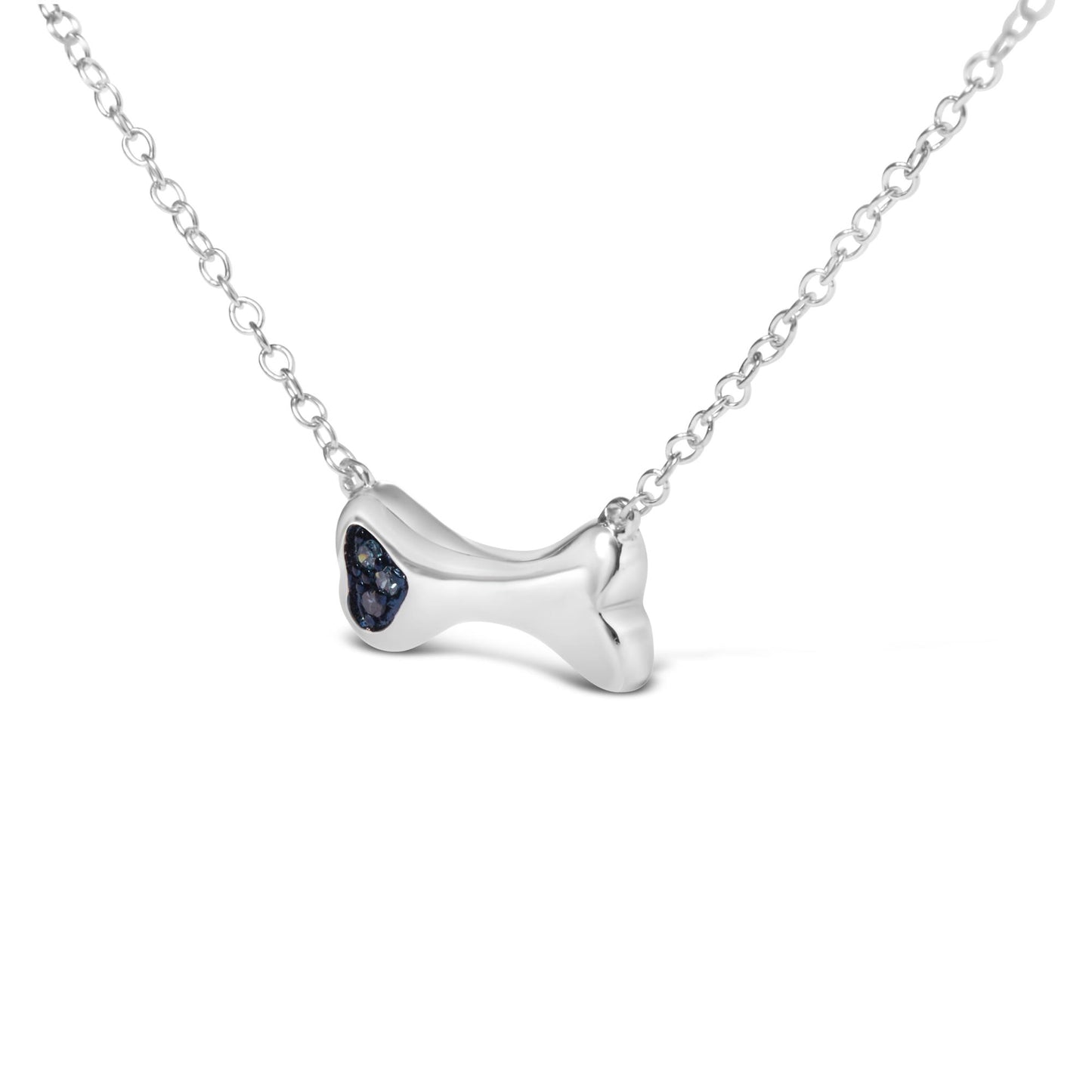 White metal necklace with a bone-shaped pendant featuring three round blue gemstones in prong settings, shown in a front angled view.