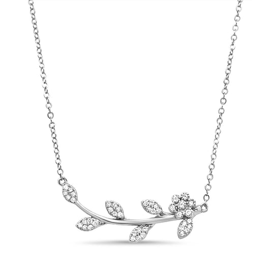 White metal necklace with a floral branch design featuring round white gemstones set on leaves and a flower, front-facing angle.