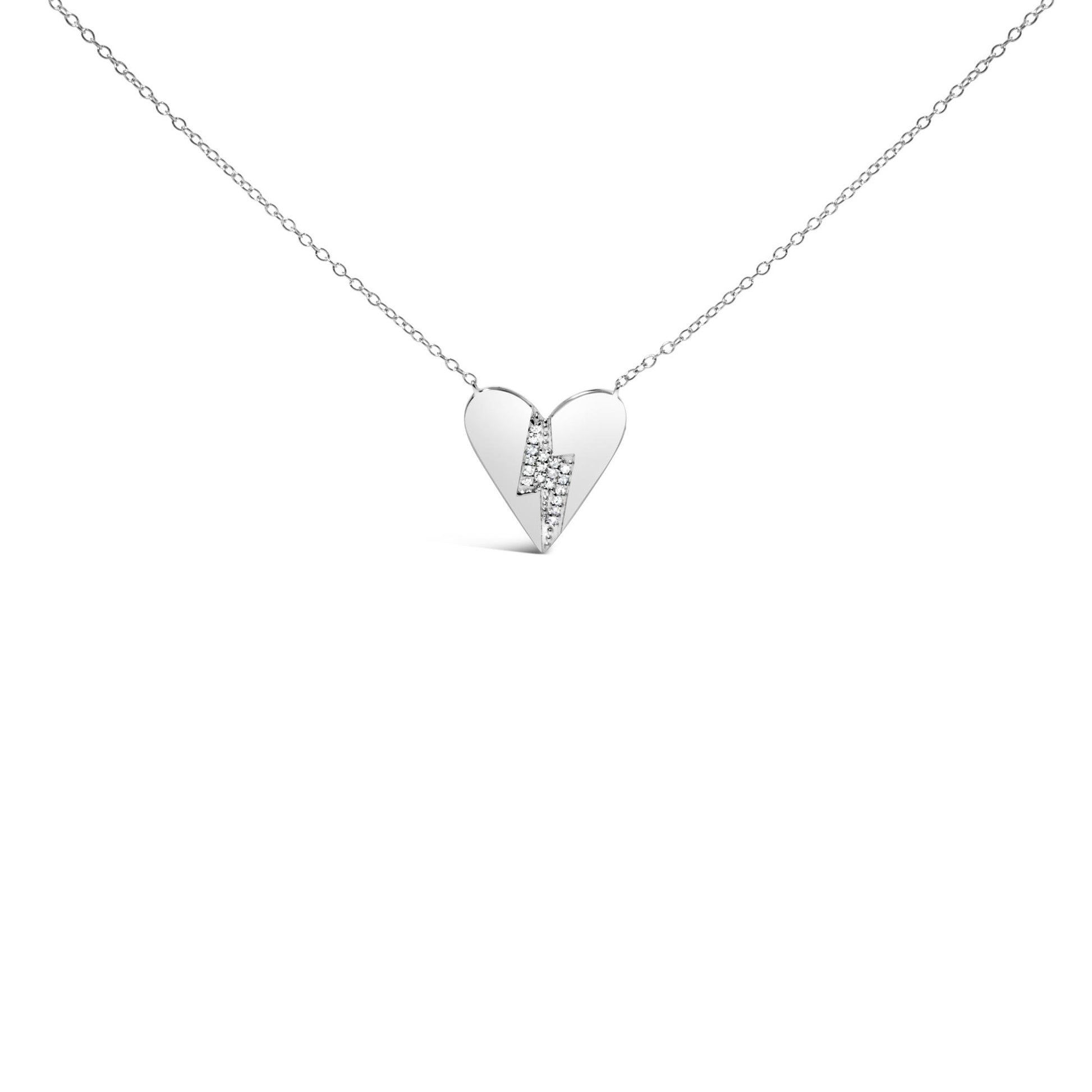 Front view of a white metal heart-shaped necklace pendant with a lightning bolt design featuring white round gemstones in prong settings, on a chain.