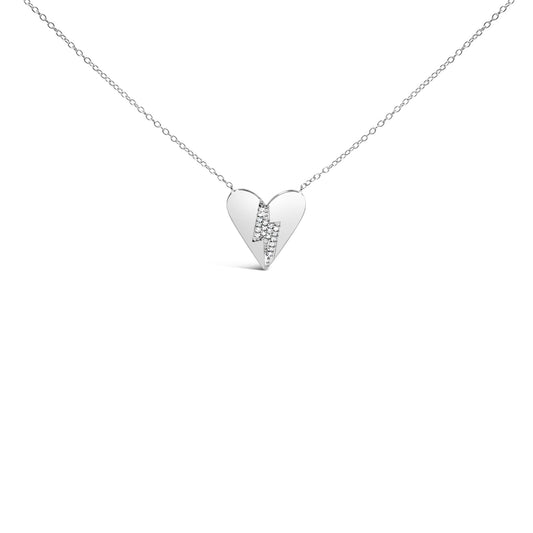 Front view of a white metal heart-shaped necklace pendant with a lightning bolt design featuring white round gemstones in prong settings, on a chain.