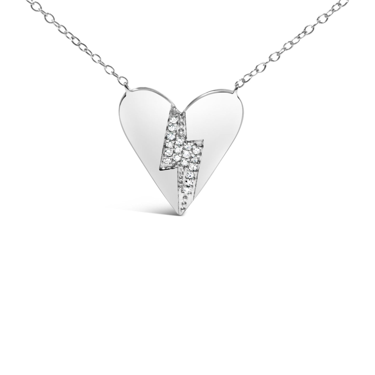 Front view of white heart-shaped necklace pendant with a lightning bolt design set with round white gemstones in prong settings.