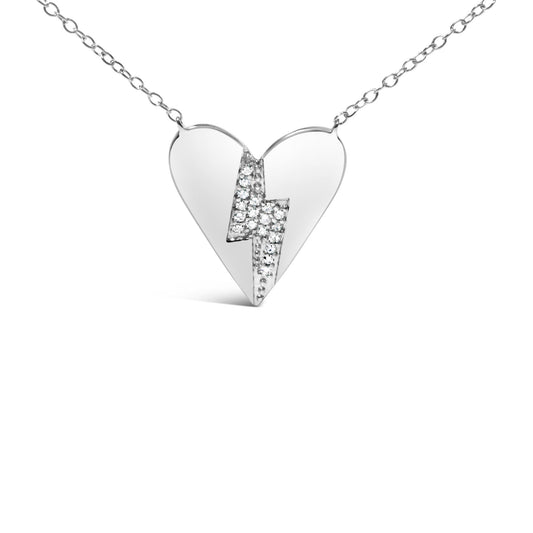 Front view of white heart-shaped necklace pendant with a lightning bolt design set with round white gemstones in prong settings.