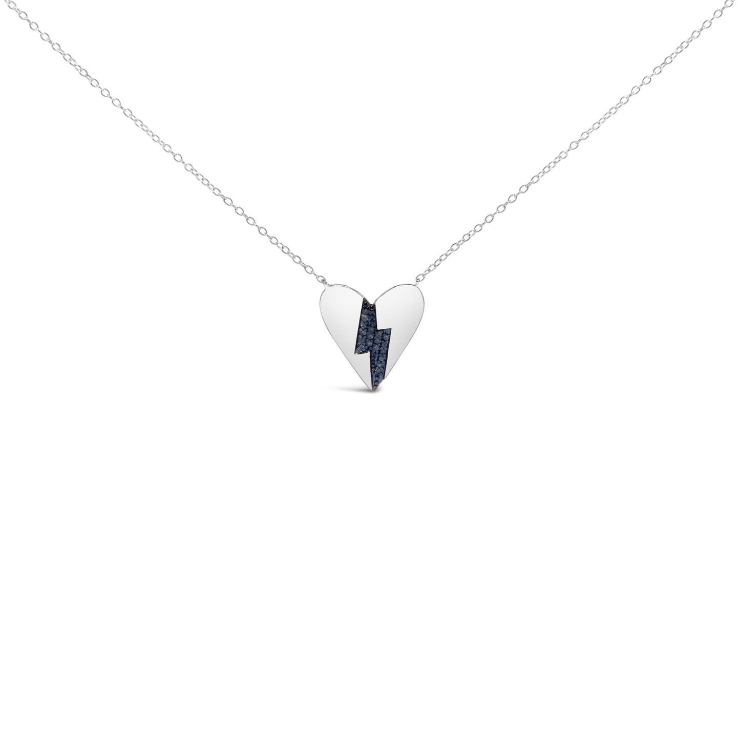 White necklace with a heart-shaped pendant featuring blue gemstones in a lightning bolt design, shown in a front-facing angle on a white background.