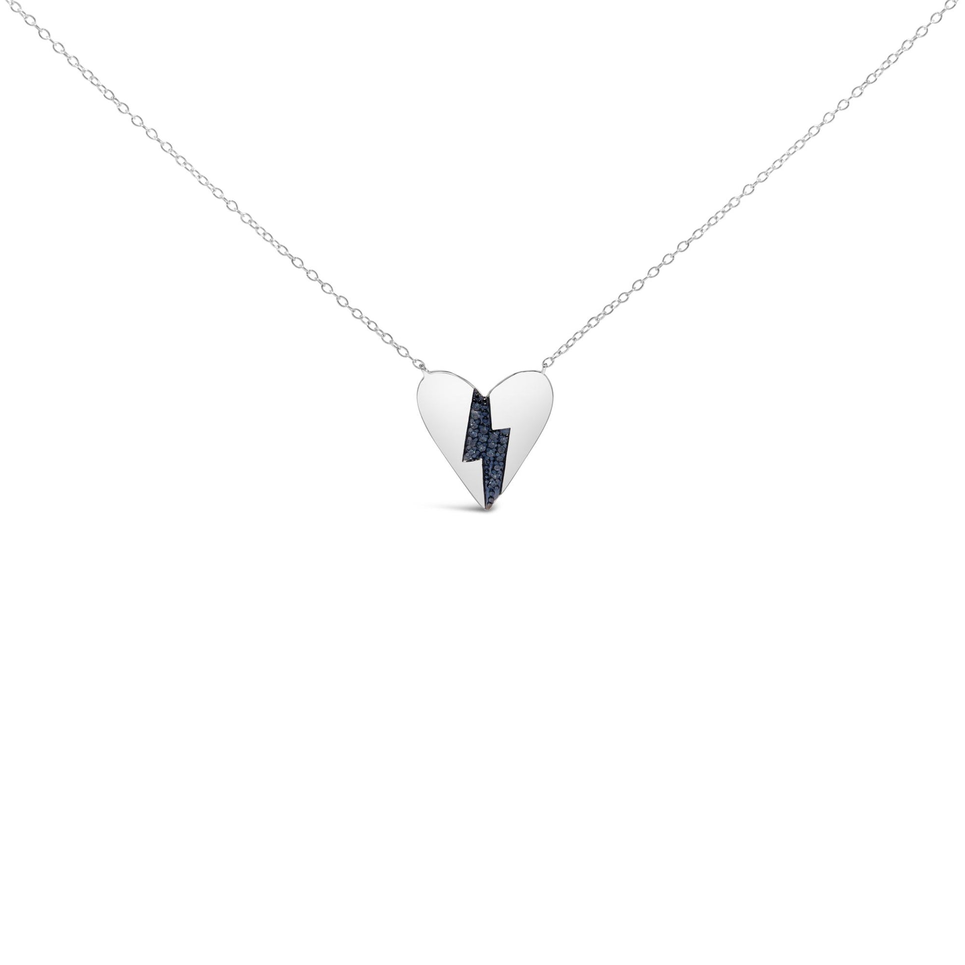 White necklace with a heart-shaped pendant featuring blue gemstones in a lightning bolt design, shown in a front-facing angle on a white background.