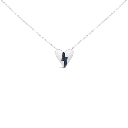 White necklace with a heart-shaped pendant featuring blue gemstones in a lightning bolt design, shown in a front-facing angle on a white background.