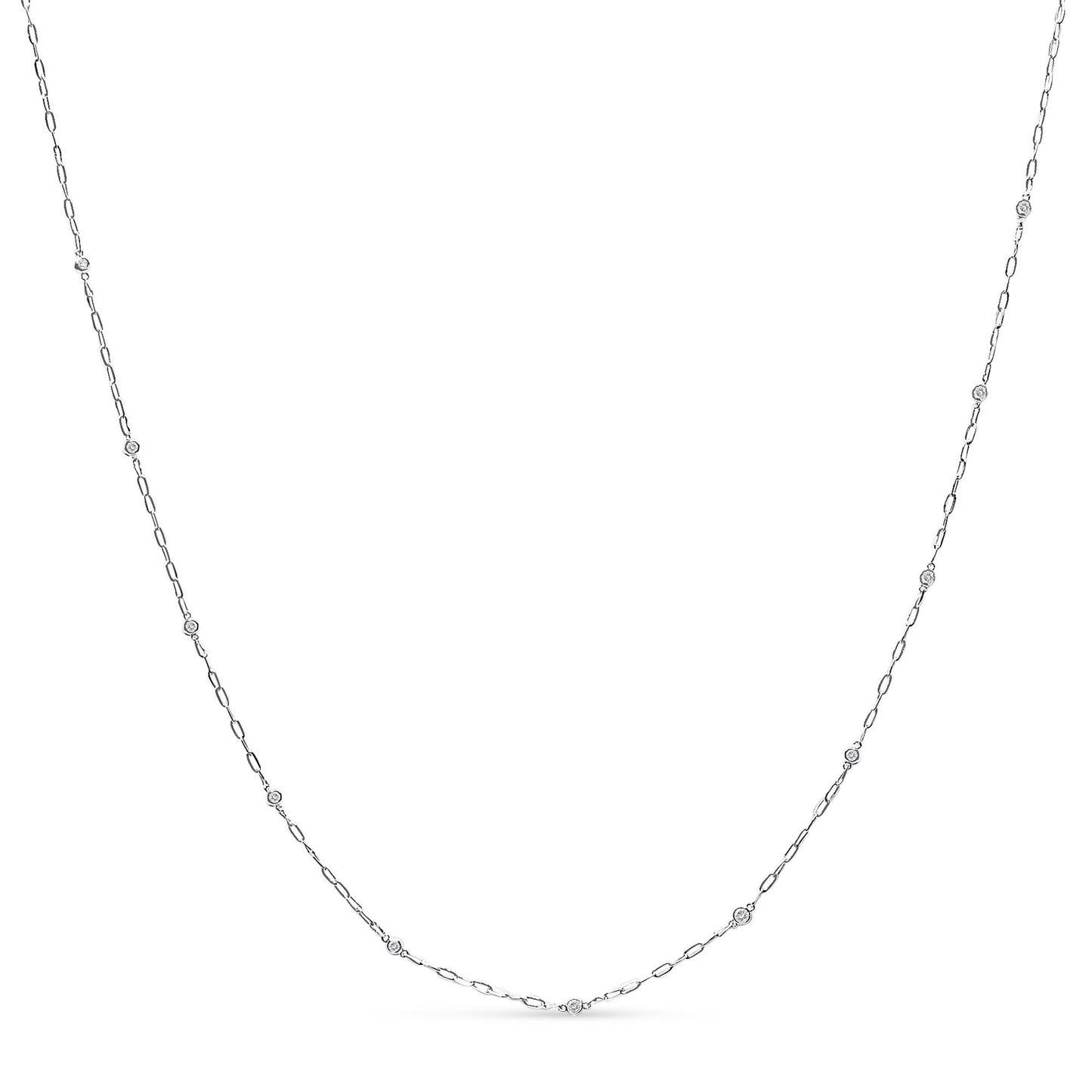 White necklace with a thin chain featuring round white gemstones in bezel settings, shown flat on a white background from the front angle.