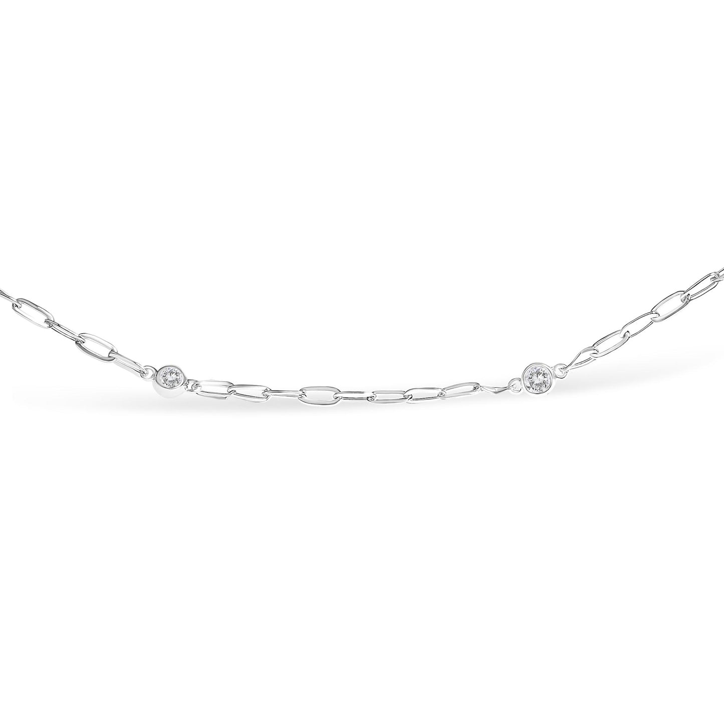 Close-up front view of a white necklace with oval chain links and round bezel-set white gemstones spaced evenly along the chain, shown on a white background.