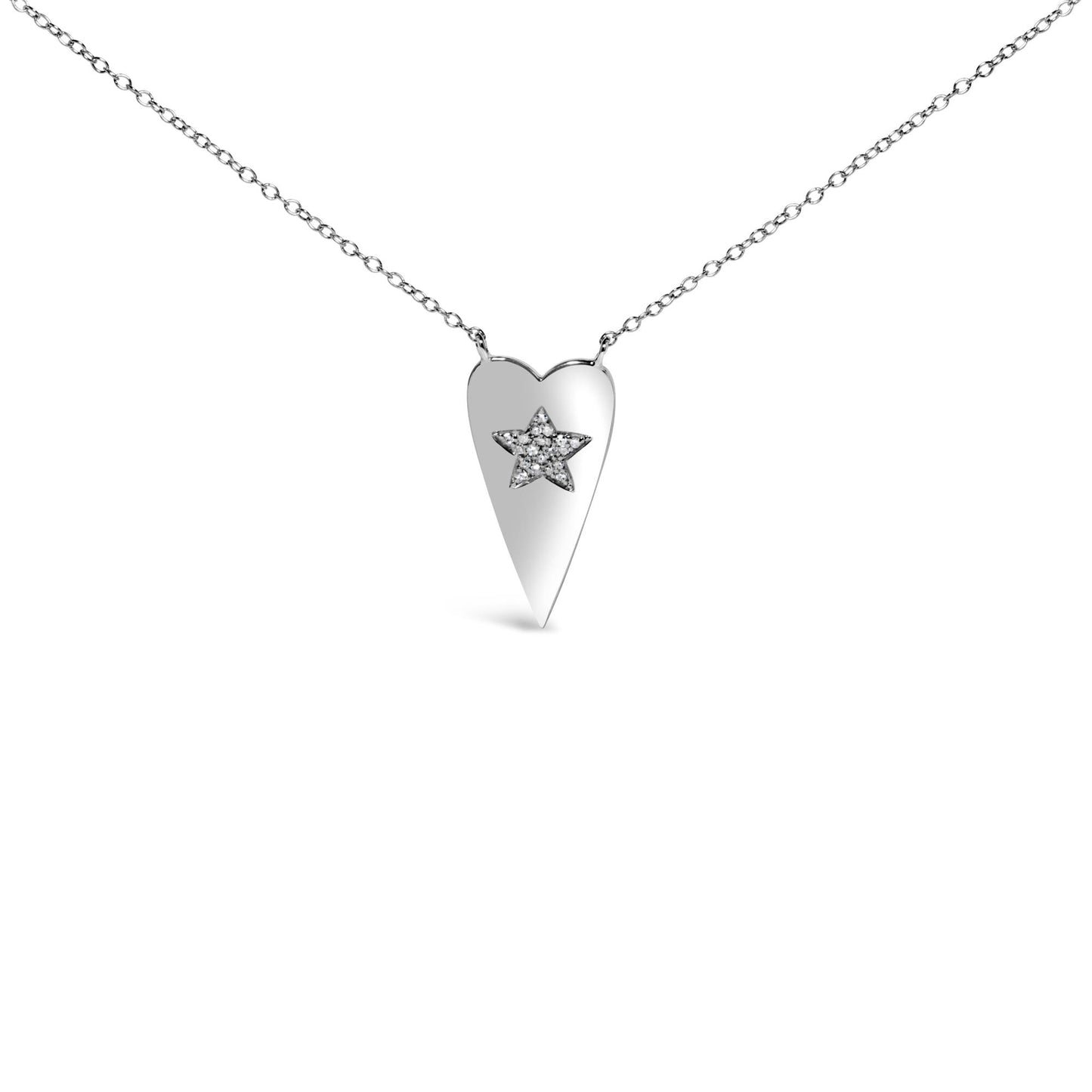 Close-up front view of a white metal necklace with a heart-shaped pendant featuring a star inset with round white gemstones in prong settings.