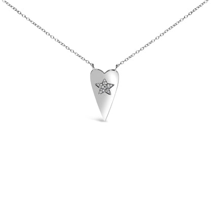 Close-up front view of a white metal necklace with a heart-shaped pendant featuring a star inset with round white gemstones in prong settings.