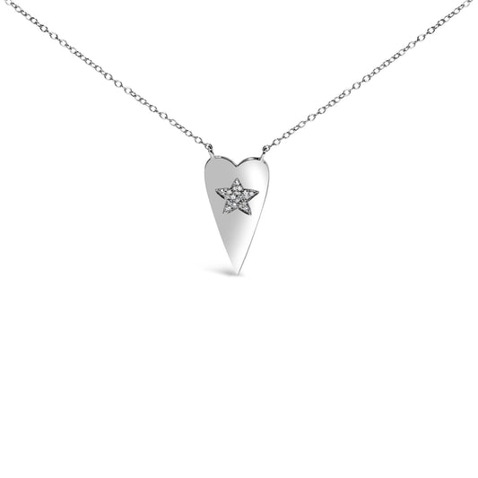 Close-up front view of a white metal necklace with a heart-shaped pendant featuring a star inset with round white gemstones in prong settings.