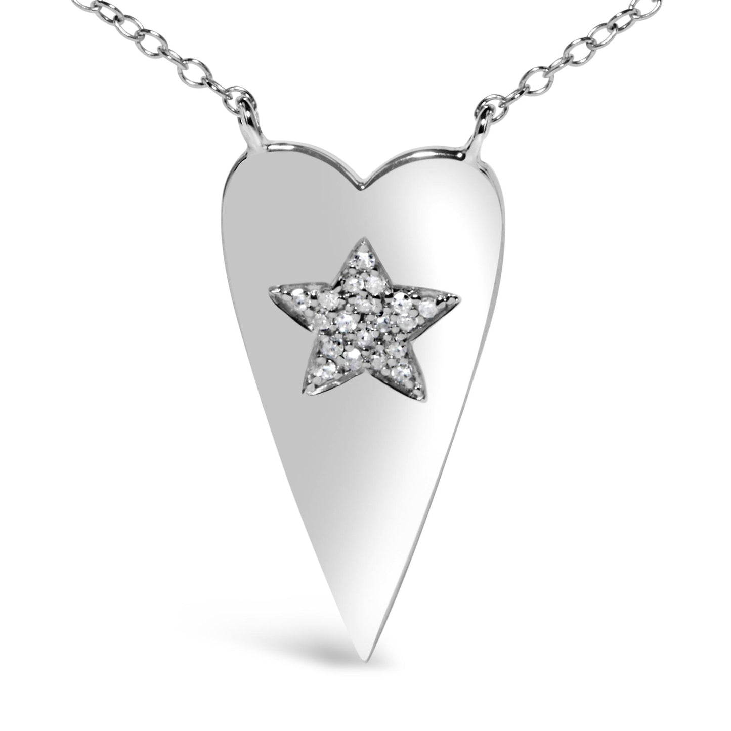 Close-up front view of a white metal heart-shaped necklace pendant with a star design in the center set with round white gemstones, shown against a white background.
