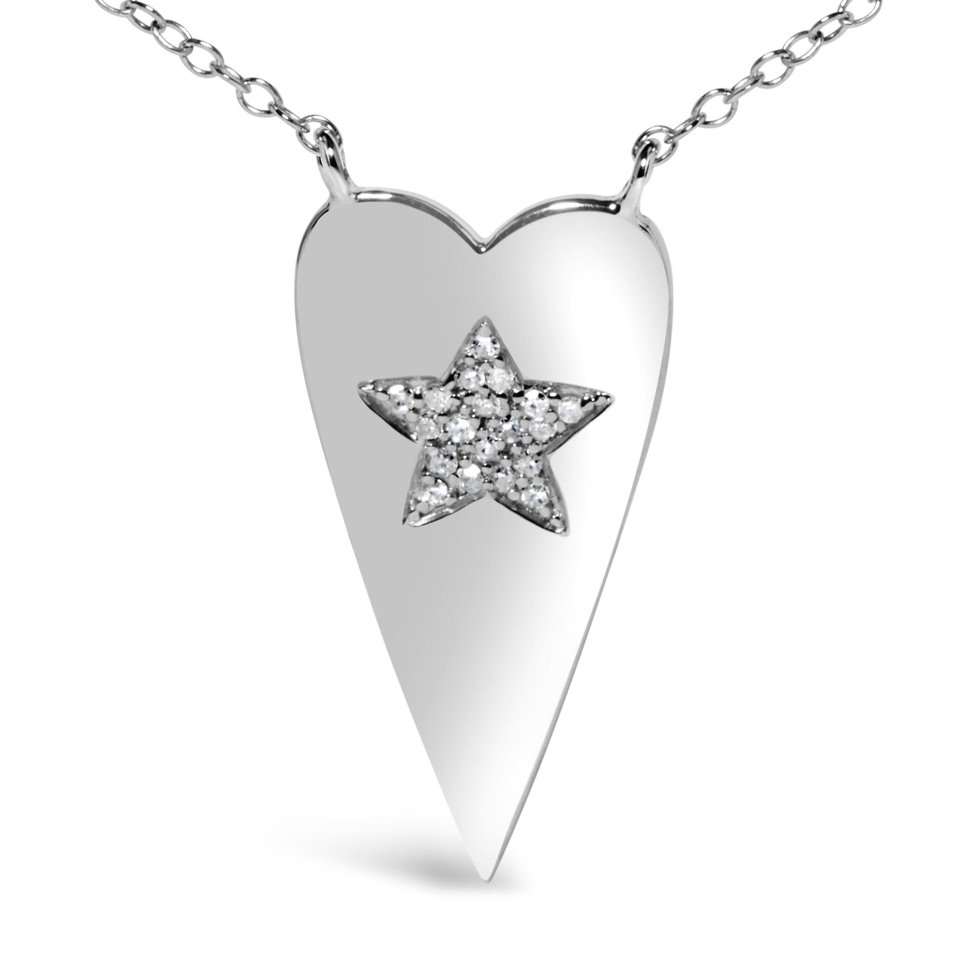 Close-up front view of a white metal heart-shaped necklace pendant with a star design in the center set with round white gemstones, shown against a white background.