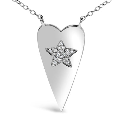 Close-up front view of a white metal heart-shaped necklace pendant with a star design in the center set with round white gemstones, shown against a white background.