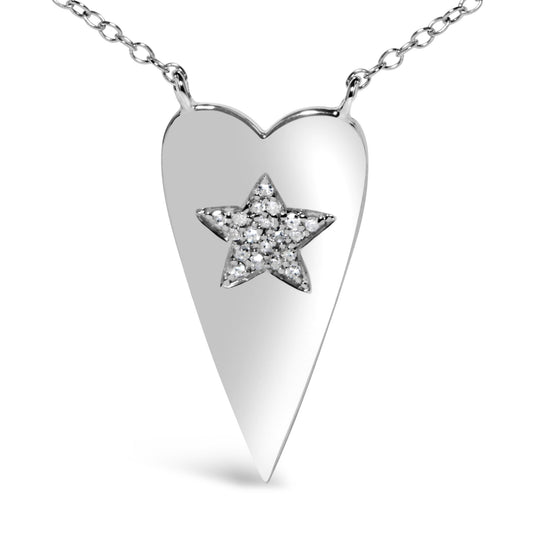 Close-up front view of a white metal heart-shaped necklace pendant with a star design in the center set with round white gemstones, shown against a white background.