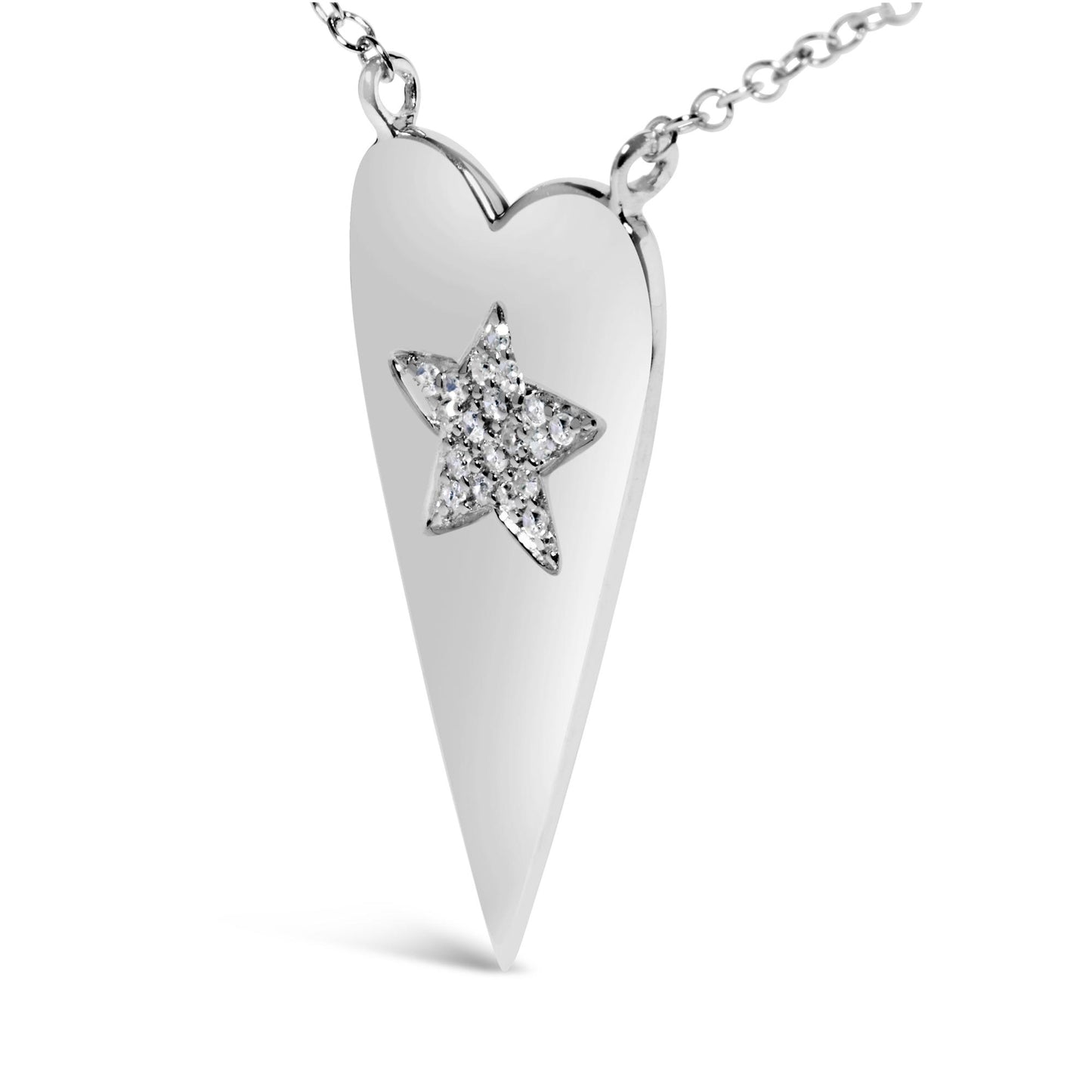 Close-up front angle of a white metal heart-shaped necklace pendant with a star inset decorated with prong-set round white gemstones, shown isolated on a white background.