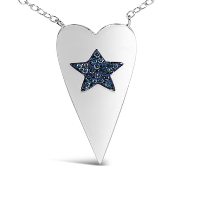 Close-up front view of a white metal heart-shaped necklace pendant featuring a star design set with round blue gemstones in a prong setting.