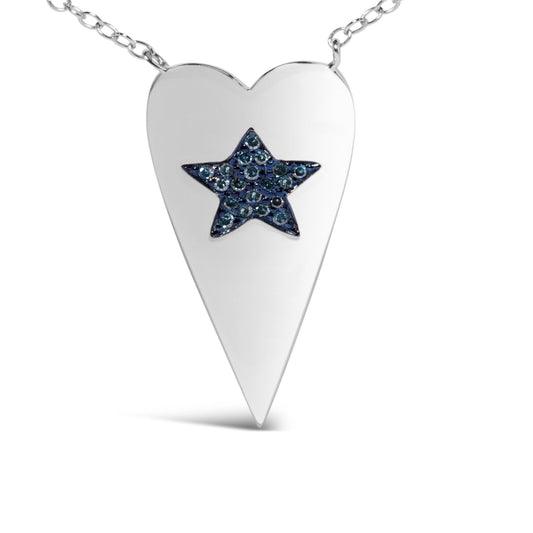 Close-up front view of a white metal heart-shaped necklace pendant featuring a star design set with round blue gemstones in a prong setting.