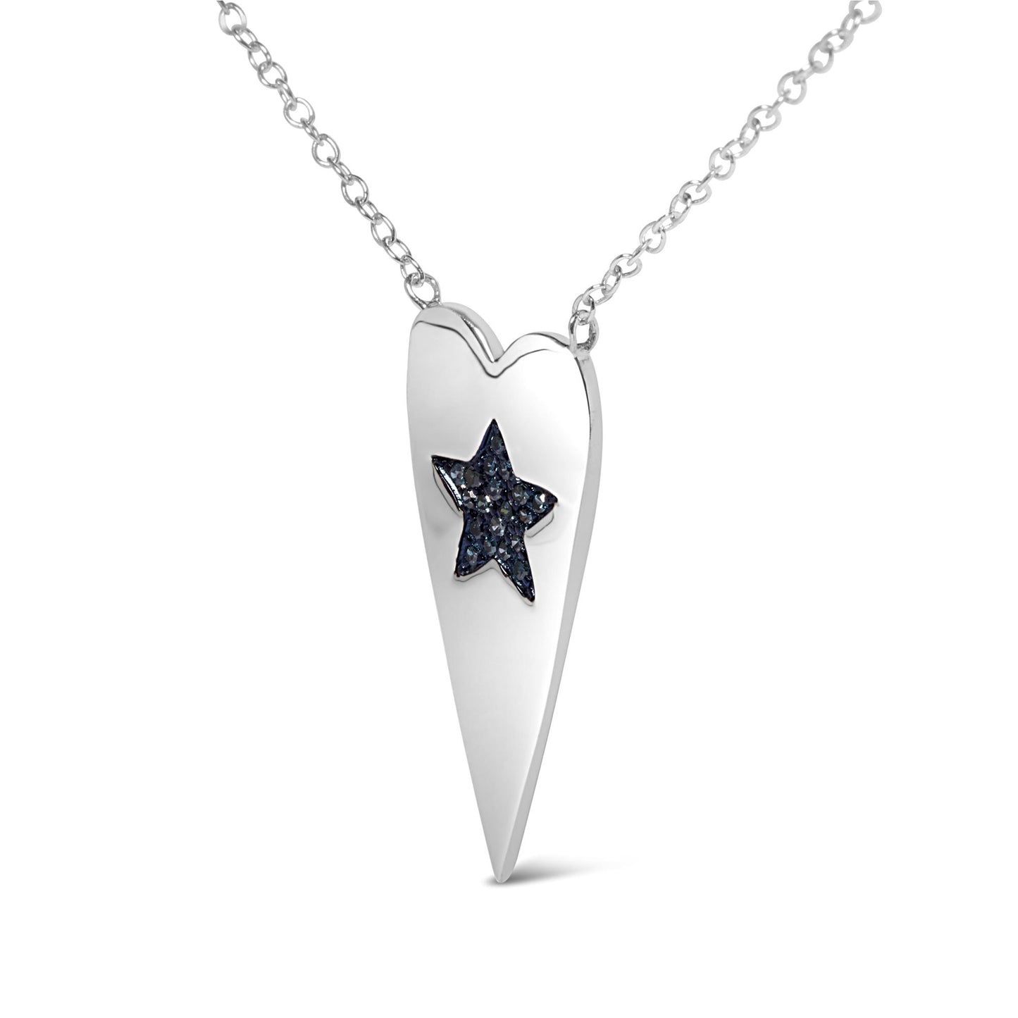 White metal necklace with a long pointed heart-shaped pendant featuring a star inset with prong-set round blue gemstones, shown in a front close-up angle.